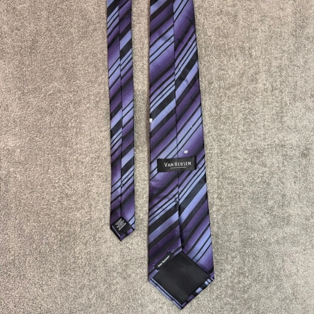 Van Heusen Mens Purple Black Striped Silk Necktie Stain Resistant Handmade Tie